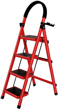 Klappbare Trittleiter, 4 Stufen, mit Werkzeugablage und Handläufen, Haushaltsleiter für Haus, Küche, Speisekammer, Schränke, Büro, Trittleiter, zusammenklappbar, 4 Ebenen (Rot)