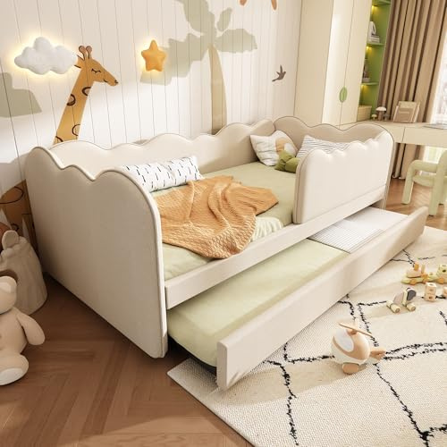 RIAZOS Upholstered Bed Daybed 90 x 190 cm, 3FT Single Bed with Pull out Trundle, Sofa Bed For Adults and Children, Single Daybed With Slatted Frame, Linen, No Mattress (Beige)