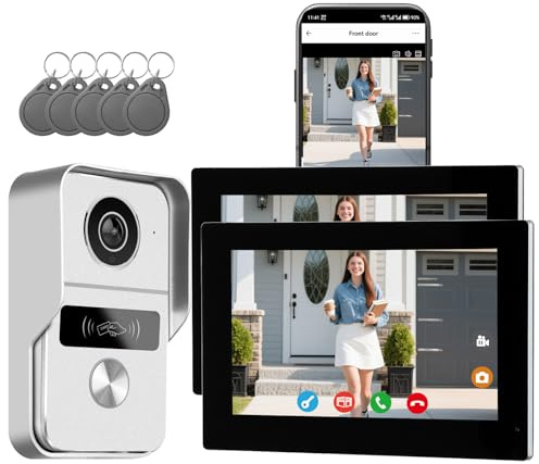 Wired Video Doorbell Apartment Intercom System, 1080P Doorbell Camera, 7-inch Touch Screen, Night Vision, Remote Unlock, Two-Way Intercom for Villa, Home, Office, with 1 Camera and 2 Monitors