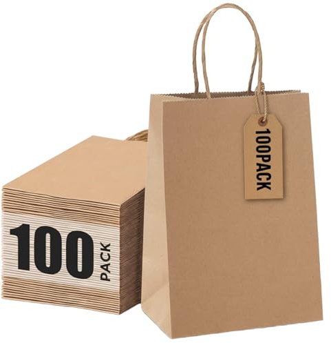 OFFASST 100 Stück Papiertüten mit Henkel, geschenktüten für Einkaufen, Hochzeiten, Verpackungen, Partys, Geburtstag, Weihnachten(Braun - 15x8x21cm)