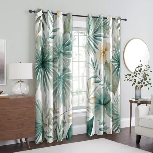 Rideau Occultant Tropical, Rideaux Thermiques, Motif Jungle Palmier Monstera Feuillage Verte, Decoration Maison, Tenture à Oeillets pour Salon Chambre Fenetre, L 140 x H 180, 2 Pièces - V457