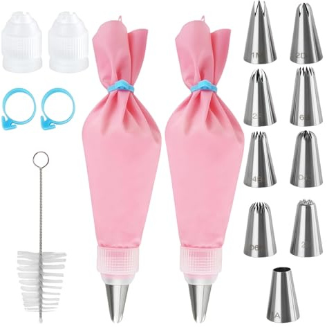 16Pcs Piping Bags and Nozzles Set, 2 12 Inch Piping-Bags Icing Bag with Cleaning Brush,9 Stainless Steel Cake Piping Nozzles Tips, 2 Coupler, 2-Bags Ties, for Cake Cupcake Dessert Cookies Decoration