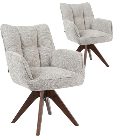 DUBI Möbel Esszimmerstühle 2er Set 360° drehbar mit Taschenfederkern, hoher Sitzkomfort, bis 150 kg belastbar, abriebfester Stoff Hellgrau, Massivholzgestell in edler Wallnussoptik, Mika-Theo
