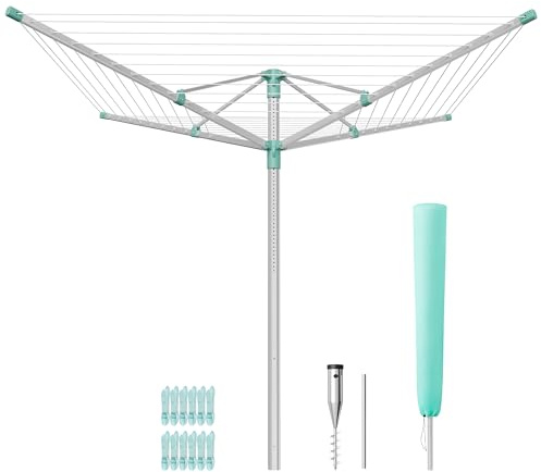 SONGMICS Stendibiancheria a Ombrello, 50 m di Filo, Altezza Regolabile | Stendino da Esterno, Lega di Alluminio, Ancoraggio al Suolo, con Copertura, per 5 Lavaggi, Collezione BUNJI LLR301E01V1