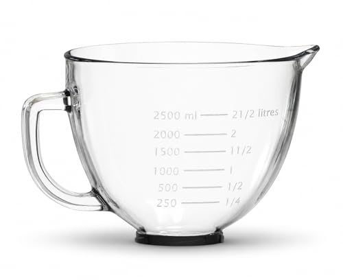 MMOBIEL Rührschüssel aus Glas für KitchenAid 4.3, 4.7/4.8L Artisan & Classic Serie Küchenmaschinen Zubehör 4.8L Glasschüssel mit Griff, Ausguss & Messmarkierungen – Nur Handwäsche