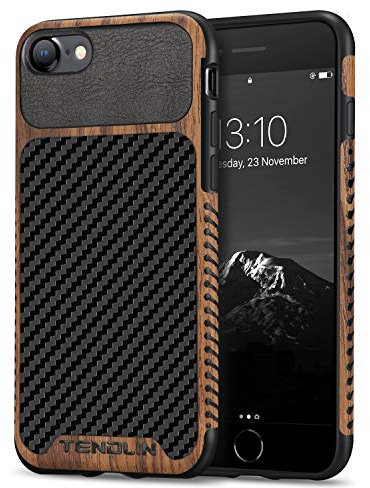 TENDLIN Kompatibel mit iPhone SE 2022 Hülle/iPhone SE 2020 Hülle/iPhone 7 Hülle/iPhone 8 Hülle, Holz und Carbon Fiber Leder Flexiblem TPU Silikon Hybrid Weiche Schutzhülle