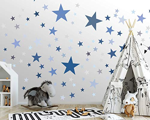 ELES VIDA - 75 Sterne Wandtattoo fürs Kinderzimmer - Wandsticker Set - Pastell Farben, Baby Sternenhimmel zum Kleben Wandaufkleber Sticker Wanddeko - Wandfolie, Kleinkinder, Auch für Rauhfaser Blau
