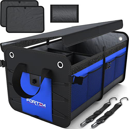 FORTEM Car Boot Organiser, Car Boot Tidy, Car Boot Storage, Collapsible Multi Compartment Car Organiser, Non Slip Bottom, Adjustable Securing Straps, Soft Cover (2 Compartments, Blue)