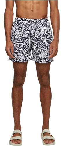 Urban Classics Herren Swim Shorts – Schnelltrocknende Badehose mit Innenslip und Taschen für Strand Pool Urlaub und sportliche Aktivitäten,Signs AOP,L