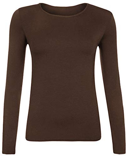 Women Long Sleeve T-Shirt Top Basic Casual Plain Stretch Vest Body Blouse Tee Layering, M/L 12-14, Chocolate Brown