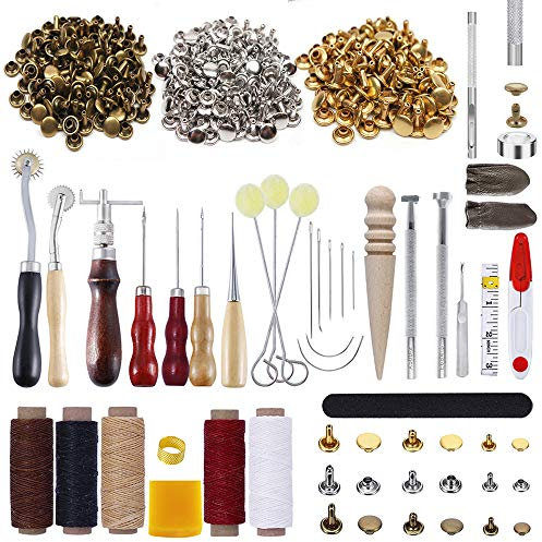 PUDSIRN - Juego de herramientas de cuero para manualidades, 336 piezas, 33 piezas, herramienta de trabajo de cuero con 303 piezas, kit de cierres de cuero para perforación, perforación, costura, talla