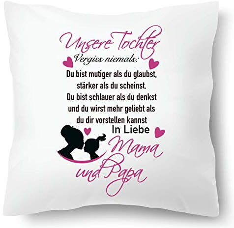 Farbwuselei Kissen mit Spruch Unsere Tochter vergiss Niemals Du bist mutiger als du glaubst In Liebe Mama und Papa Kissenhülle Inlay Kissenbezug Geschenk PINK