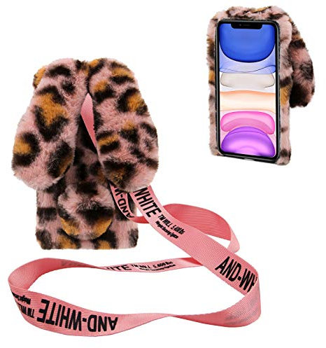 DasKAn 3D Hasenohren Plüsch Hülle für iPhone 6 Plus/6S Plus 5,5 mit Umhängeband, Mädchen Frauen Handmade Glänzend Diamant Weich Warm Kaninchen Flauschig Fell Stoßfest Handy Schutzhülle, Leopard Pink