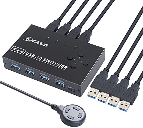 KCEVE USB 3.0 Switch Selector - 4 Computer Sharing 4 Devices KVM Switcher Box for Printer, Scanner, Mouse, Keyboard - Compatible With Mac/Windows/Linux - 4 Pack Cables Included