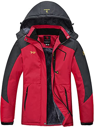 donhobo Womens Waterproof Jacket Winter Warm Fleece with Hood Windproof Camping Hiking Coat(Red,XXL)