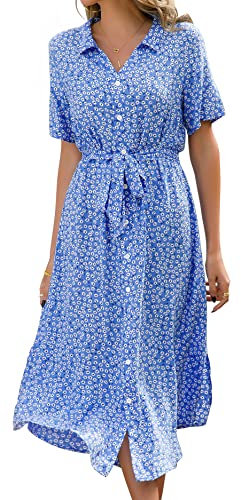 Livonmone Sommerkleid Damen Kurzarm Casual V-Ausschnitt Blumendruck Kleider Strandkleider Sexy Schlitz Midikleid Cocktailkleid Partykleid mit Gürtel (Blau, L)