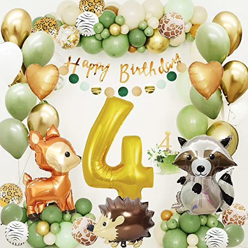 4 Geburtstag Junge Mädchen, Dschungel Kindergeburtstag Deko 4 Jahr, Grüne Luftballon 4 Geburtstagsdeko, Wild Geburtstagsdeko, Waldtiere Alles Gute zum Banner für Kinder Deko