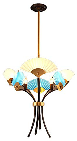 NSXBY Creativity Personality New Chinese Style During Lighting,Living Room Dining Room Tea House Study,E14 Postmodern Simple Fan-shaped Chandelier Lighting-Gold with rose gold 6 head