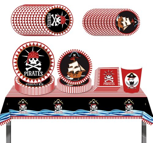 ZOOMPIL Piraten Geschirr Set, Piraten Partyteller Set, Piraten Geburtstags Party Geschirr Set aus Papier,Teller Tischdecke Servietten, Piraten Deko Set für Kinder Geburtstag Mottoparty, 8 Gäste