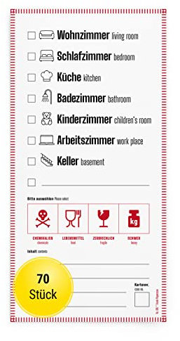 Frank Paperman® | 70 x Aufkleber für Umzugskartons | Etiketten selbstklebend zum Beschriften | DIN lang hochkant | auf Deutsch und Englisch | Umzug Hilfsmittel | packing boxes