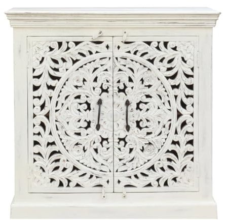 Sideboard Benisha Indische Kommode aus Mangoholz mit Schnitzerei Oriental Schlafzimmer Weiß Whitewash 90 cm
