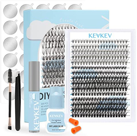 DIY Lash Extension Kit Lash Clusters with 300Pcs Individual Lashes, 5ml Black Cluster Lash Glue, Remover 1 Lash Applicator for DIY Eyelash Extension at Home(20D+40D+50D-9-16Mix&Black Glue)