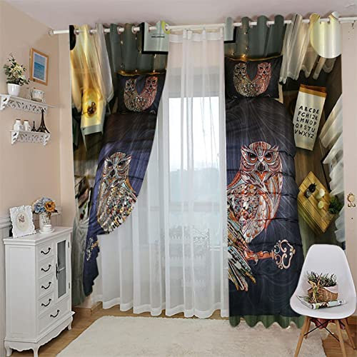 TFLABS Fenster Vorhang Schlaufen-Vorhang 2 Stück x 110 B x 215cm H Bunt & Eulen Dekorative Gardine Schlaufenschal Fenster-Schal