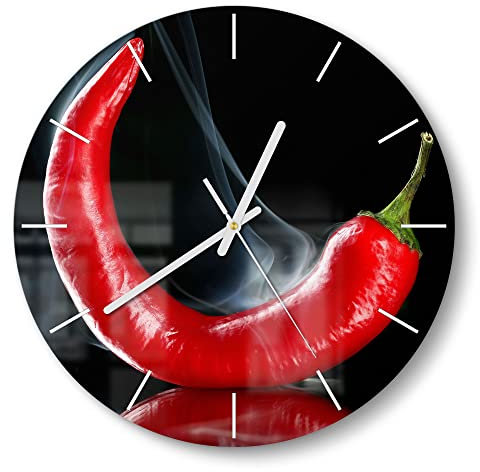 DEQORI Glasuhr | rund Ø 30 cm | Motiv Feurige Chilischote | ausgefallene leise Design Uhr aus Glas | Wanduhr für Wohnzimmer & Küche | moderne Hingucker Uhr für die Wand