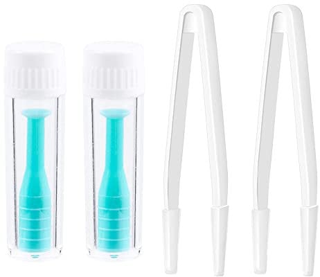 KEVZHUKWV 2 Pcs Silicone Contact Lens Inserter with 2 Pcs White Tweezers Portable Travel Lens Remover Contact Lens Remover Tool for Home Travel