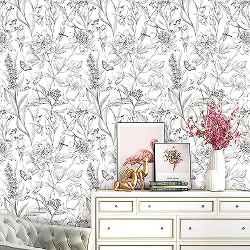 ESCATIC Flower Birds Self Adhesive Wallpaper Black White Floral Removable Peel and Stick Wallpaper for Living Room Bedroom Cabinet Wall-44x150cm