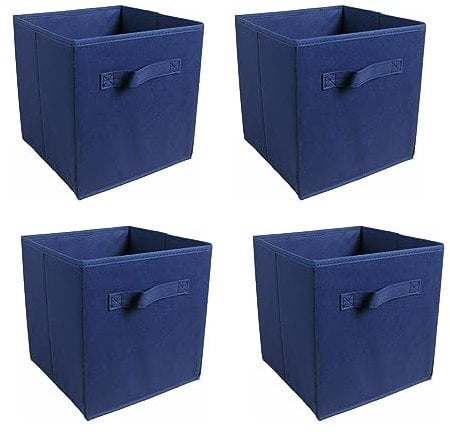 JaHECOME Set of 4 Fabric Storage Boxes Dark Blue Foldable Cube Storage Boxes Storage Bins Organizer Basket with Handles for Drawers Shelves in Bedroom, Nursery Office, Playroom (DARK BLUE)