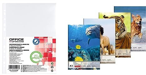 OFFICER PRODUCTS Prospekthüllen / 100 Stück/Din A4 & Brunnen Zeichenblock (A3, 100 g/m², 10 Blatt) Tiermotive nicht auswählbar, 1 Block