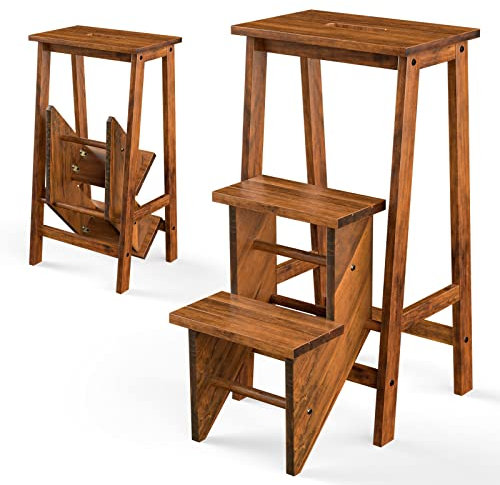 COSTWAY Tritthocker, Trittleiter 3 Stufen klappbar, Trittstuhl mit Griff, bis 310 kg, Haushaltsleiter aus massivem Holz, Leiterstuhl rutschfest, Hocker für Haushalt Büro Küche (Kaffeebraun)