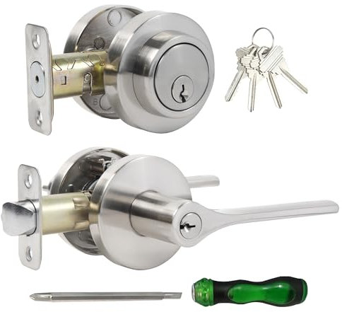 Set di serrature per porte esterne con catenaccio, maniglia per porta d'ingresso e serratura a cilindro singolo, set di leve di bloccaggio rotonde per porte a sinistra o destra, nichel satinato