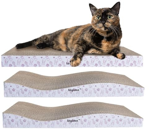Katzenkratzbrett 3er Set – Kratzmatte aus Wellpappe, 1 Gerade und 2 Gewellte Kratzbretter, Kratzpappe für Katzen zum Krallenschleifen und Schlafen