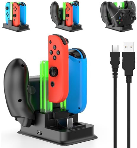 Charging Dock for Joy Con Charger for Nintendo Switch with LED Light Bar, Switch Controller Charger for Switch OLED for Joycon Charging Stand with Individual LED Indicator - Black