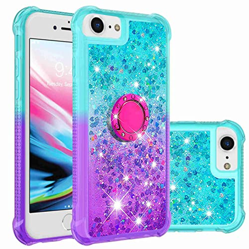 Reevermap iPhone SE 2020 Phone Case iPhone 8 Case iPhone 7 Case iPhone SE 2022 Case with Ring Holder Kickstand, Clear Glitter Liquid Floating Silicone 360 Rotating Case for Girls Women, Blue & Purple