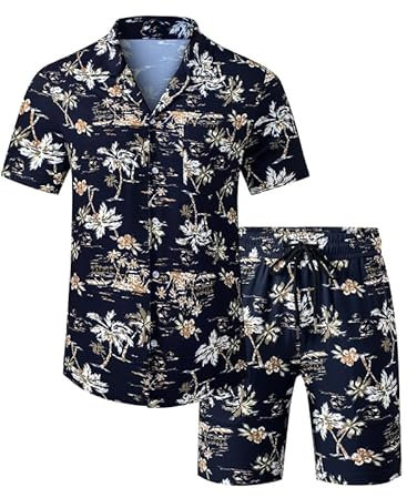 Meilicloth Hawaii Hemd Männer Set Flamingo Blumenmuster Floral Kurzarm Sommer Shorts Herren Kurze Hose Schwarz XL