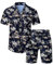 Meilicloth Hawaii Hemd Männer Set Flamingo Blumenmuster Floral Kurzarm Sommer Shorts Herren Kurze Hose Schwarz XL