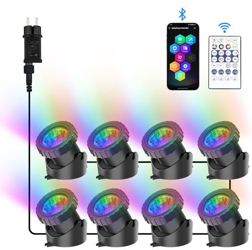 NATPOW Luces para Estanques, luz estanque sumergible, 20W APP Control, LED Sumergibles IP68, 16 Colores Cambiantes con Música, para Piscina/Estanque/Acuario/Patio, telecontrol 2m Profundidad (8 in 1)