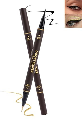 Glitzer Flüssiger Eyeliner Gold und Schwarz,Metallic Lidstrich Stift,2 in 1 Matt Glitter Liquid Eye Liner Pen Lidschatten Schmink, Wasserfest Eyeliner Wischfest Augen Make-up Geschenke für Frauen-02