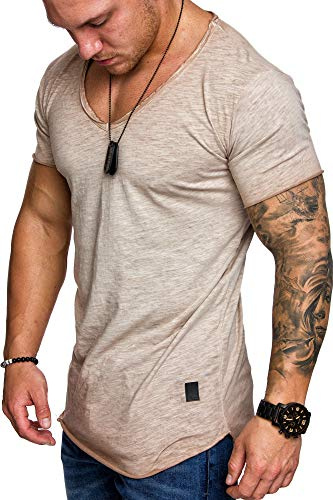 Amaci&Sons Oversize Herren Vintage T-Shirt Verwaschen V-Neck Basic V-Ausschnitt Shirt 6034 Beige 3XL