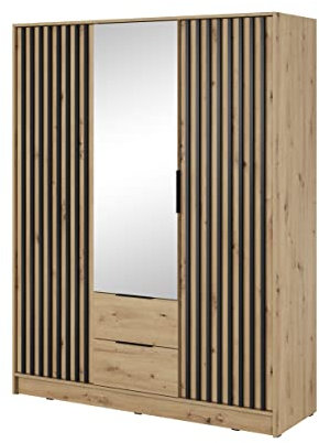 BETTSO Nelly Armoire avec Miroir - avec 3 Portes Battantes, 2 Tiroirs, Compartiments et Barre de Penderie - Lamelles/Rainuré - pour Vestiaire, Entrée, Chambre - Moderne - Mat Chêne Artisan