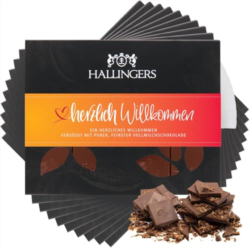 Hallingers Genuss Manufaktur Schokolade Glückwunsch-Geschenk - Tafel Edelkakao handgeschöpft ohne Alkohol edler Karton 10x Herzlich Willko... Pur, Geschenkidee für Frauen Männer