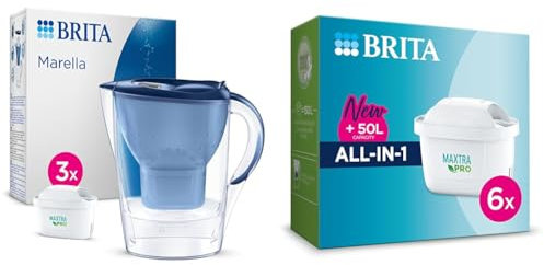 BRITA Marella Water Filter Jug Starter Pack - Blue (2.4 Litre) with 3x MAXTRA PRO All-in-1 & MAXTRA PRO All In One Water Filter Cartridge,Pack of 6 - Original BRITA refill reducing impurities