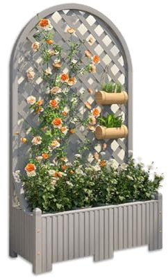 Privacy screen planter box Planter with trellis Sturdy wooden planter with round shape For climbing plants and flowers Corrosion protection Decorative partitions Weatherproof for outdoors ( Color : Gr