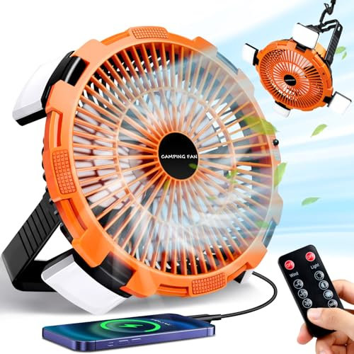 Mukum Portable Camping Fan with LED Light & Remote, 11600mAh Rechargeable Battery Fan Lantern with Hook, Camping Fans for Tents, Fishing and Picnic-Orange