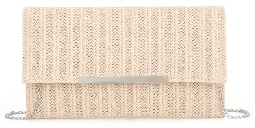 EVEOUT Pochette en Paille Tissée Femmes été Clutches Sac Paille avec Chaîne pour Parti Mariage Plage Vacances(Beige)