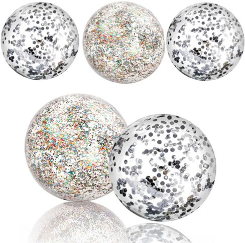 2pcs Glitter Beach Balls, 16 Inflatable Glitter Confetti Silver+Colorful Balls for Kids, Swimming Pool Toys