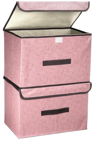 PATIKIL Fabric Collapsible Storage Bin 14.2 x 9.1 x 9.4 Inch, 2 Pcs Foldable Storage Box Cube with Lids and Handle Organizer Container for Home Bedroom Closet Clothes, Pink